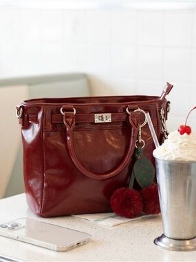 Red Patent Satchel Tote with Pom-Pom Charm and Round Coin Pouch